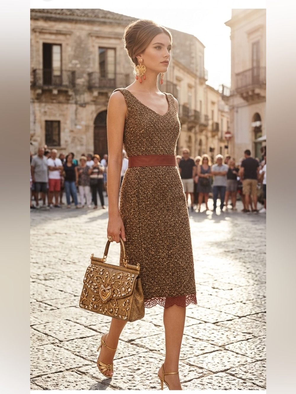 dolce & gabbana brown tweed lace trim dress